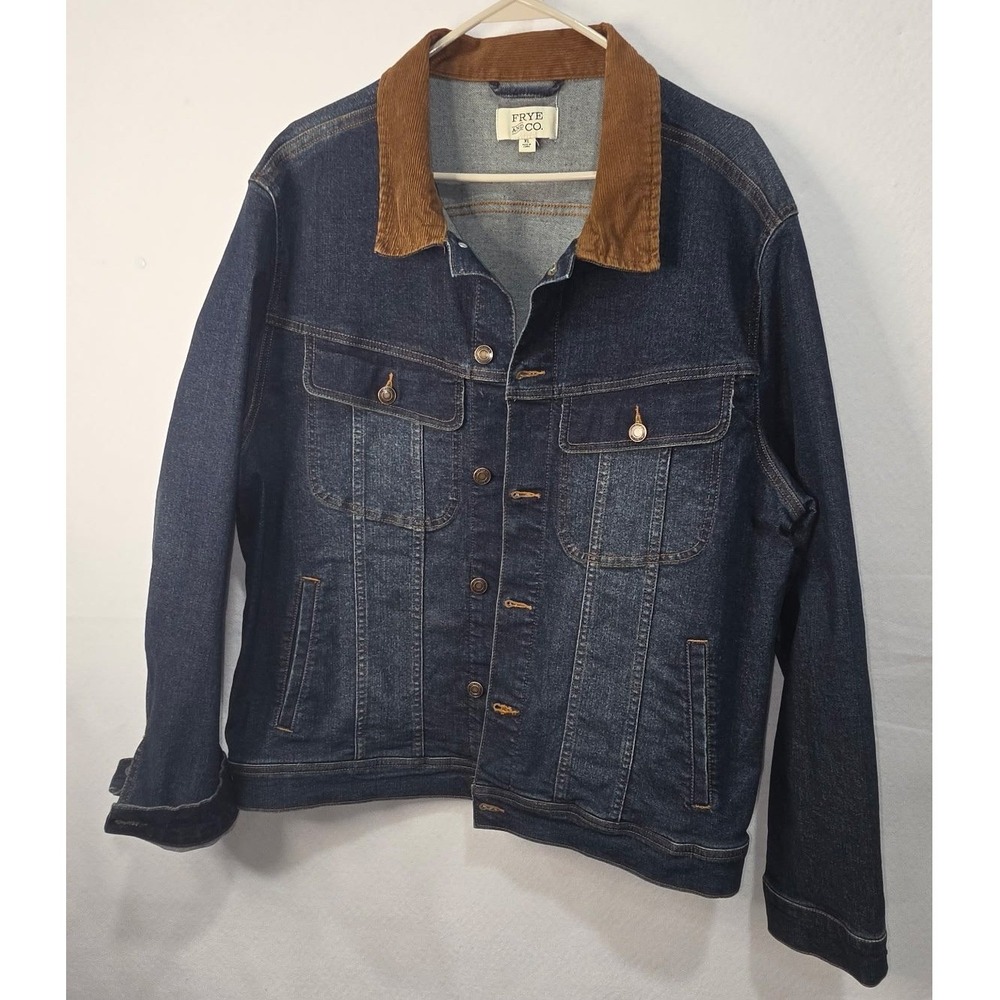 Frye & Co Mens XL Dark Wash Denim Trucker Jacket Corduroy Collar Stretch Blue